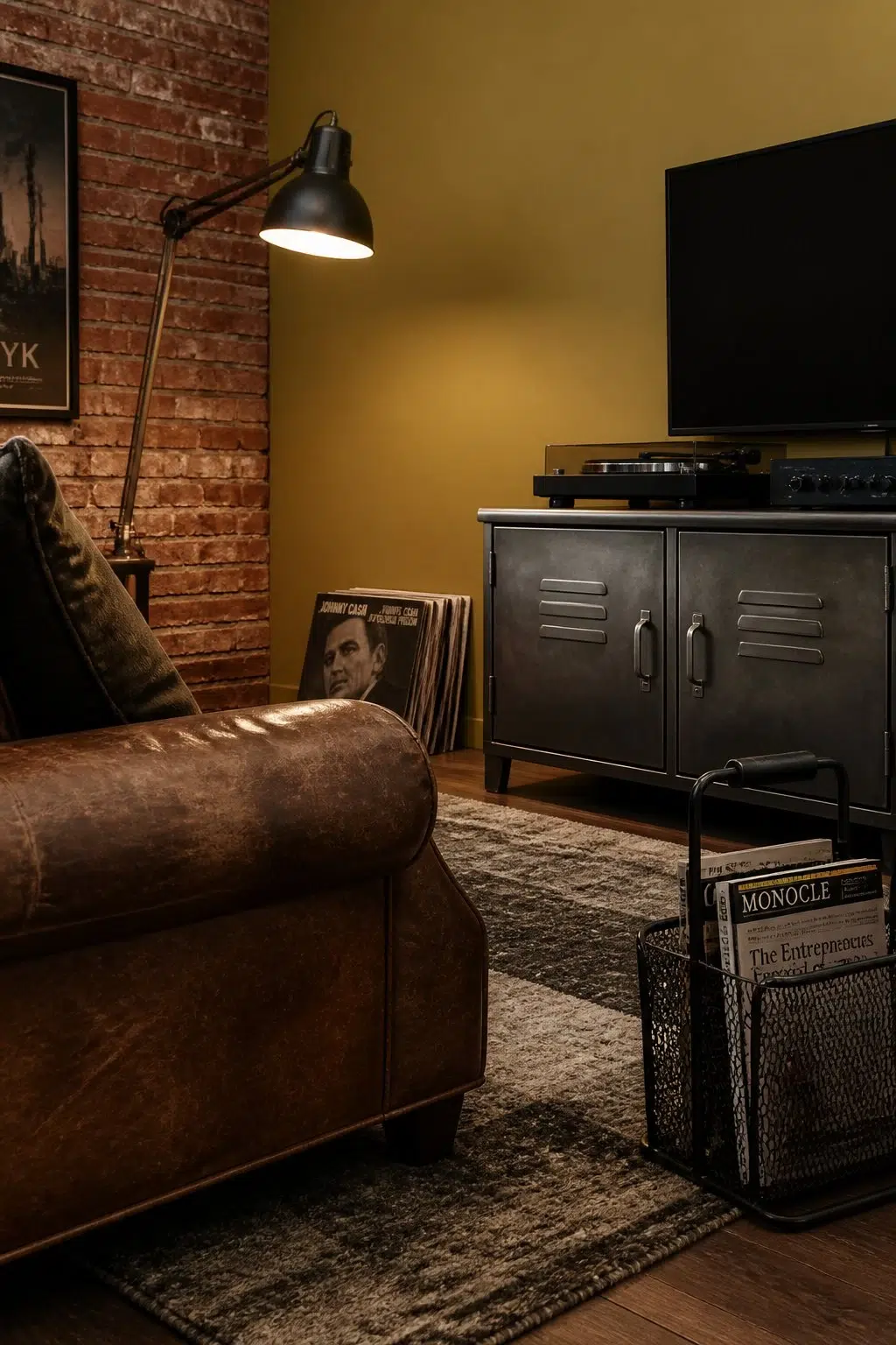A industrial living room painted in Brassy