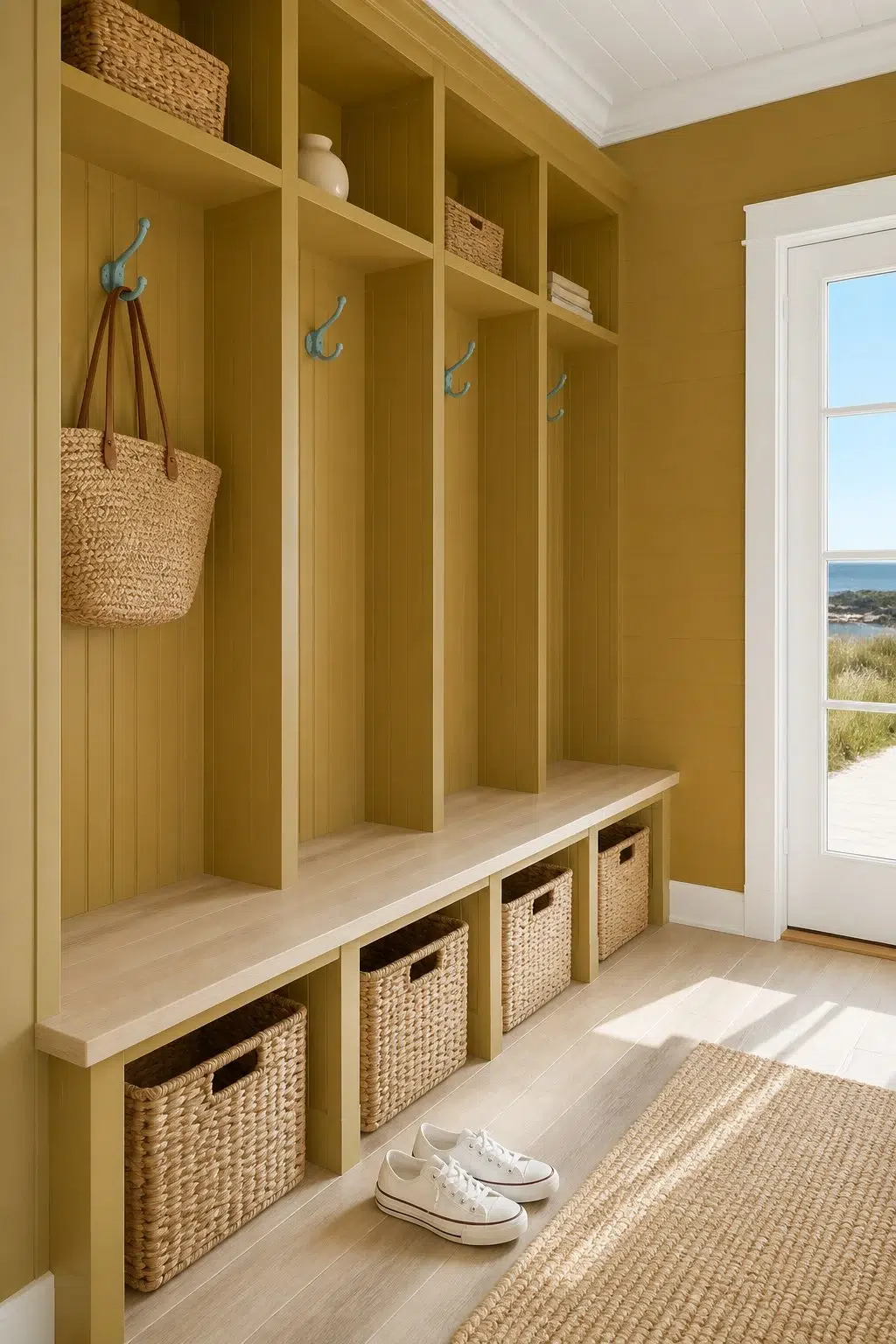 Brassy paint in a coastal mudroom