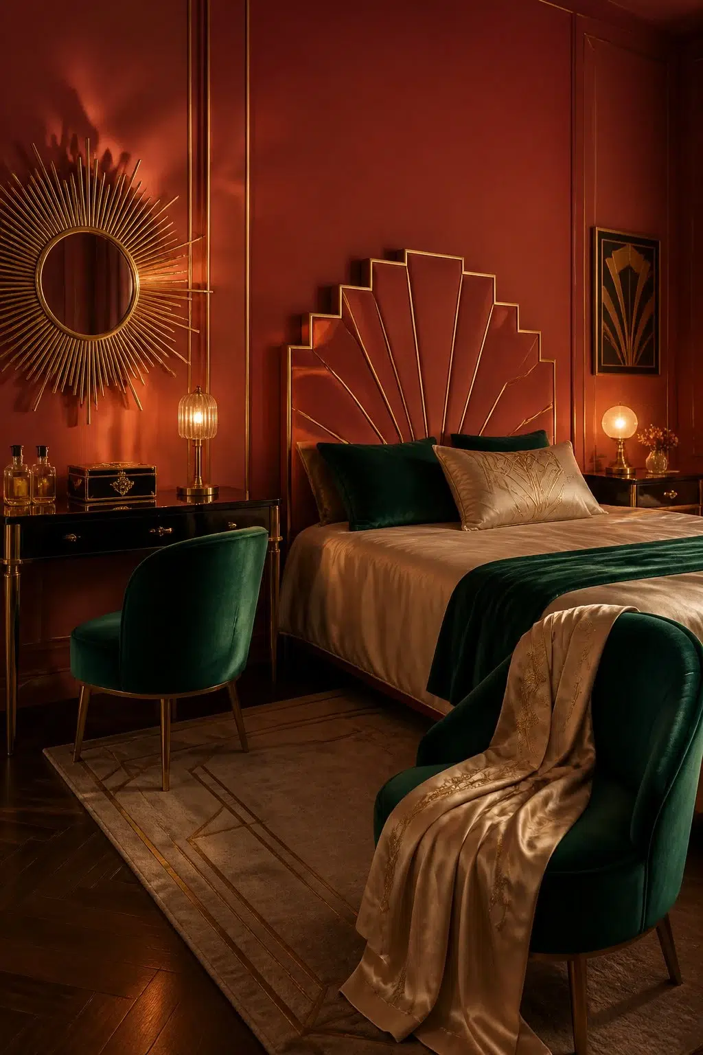 A art deco bedroom painted in Bravado Red
