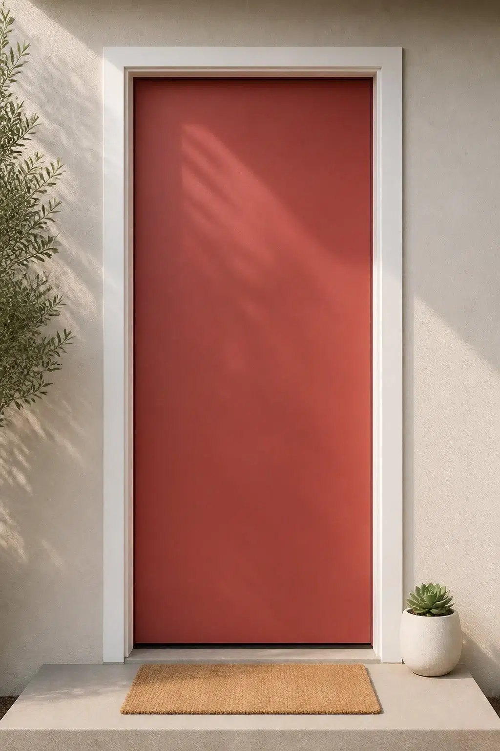 minimalist front door featuring Bravado Red by Sherwin-Williams