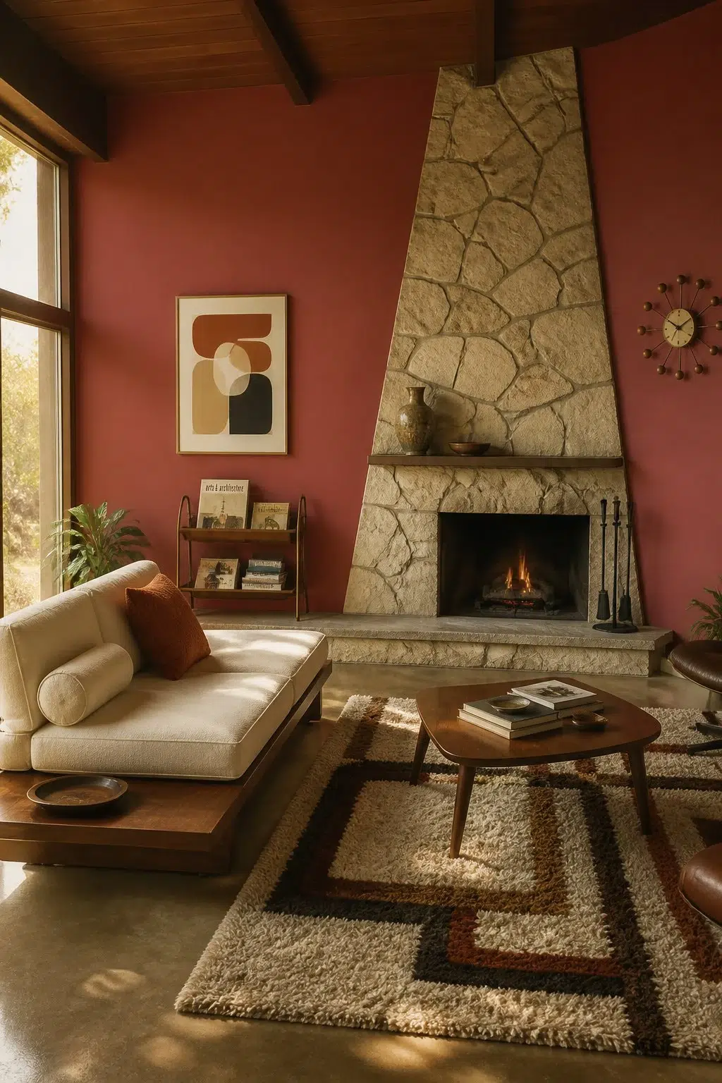 A mid century living room painted in Bravado Red