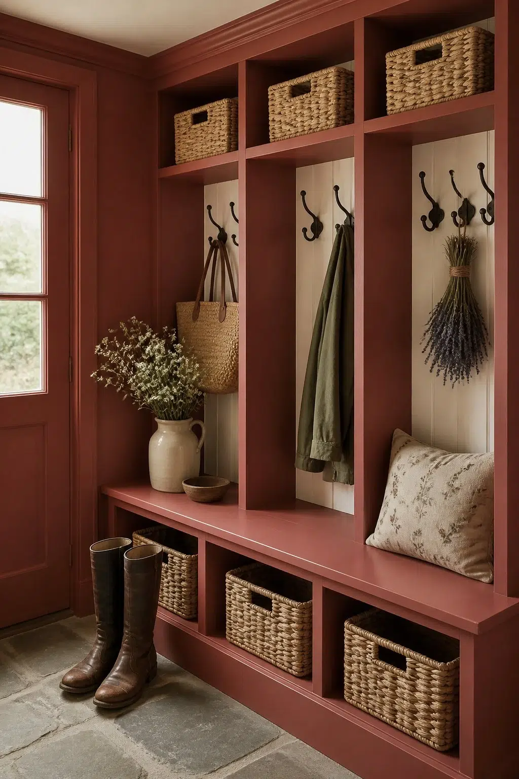 Bravado Red paint in a cottagecore mudroom