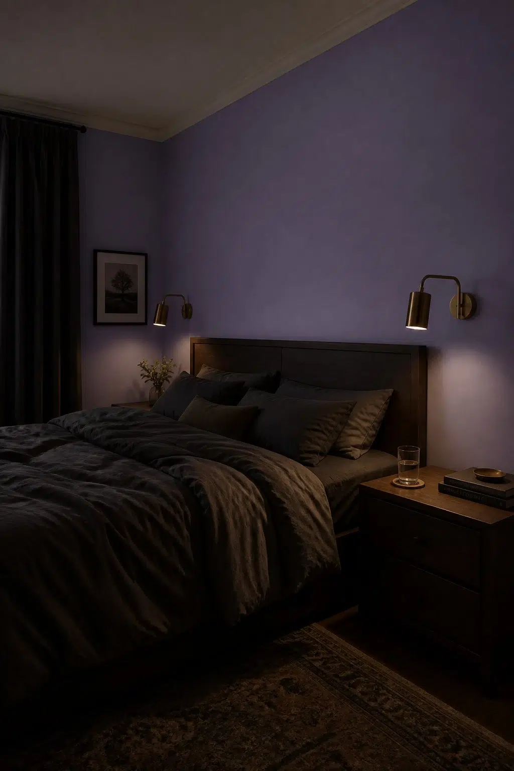 A moody bedroom painted in Brave Purple