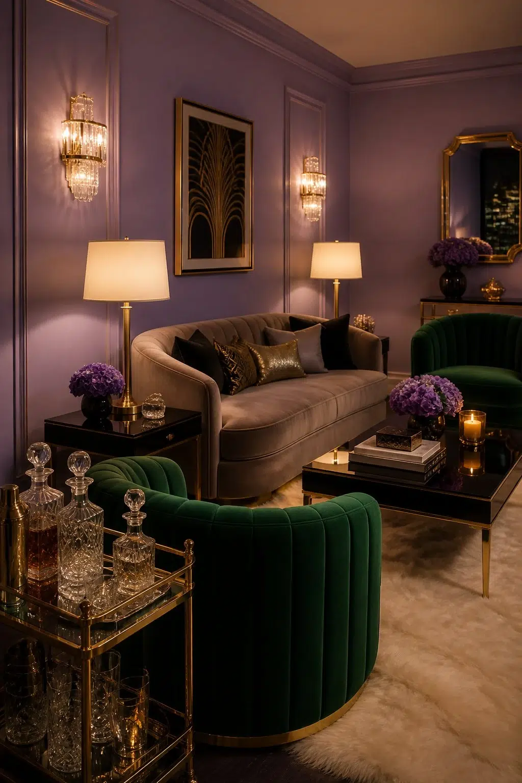 A hollywood regency living room painted in Brave Purple