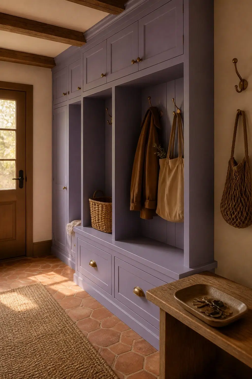 Brave Purple paint in a earthy mudroom