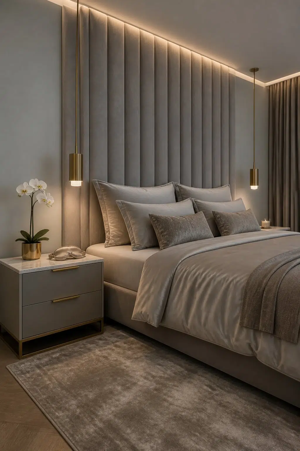 A modern luxury bedroom painted in Breakwater