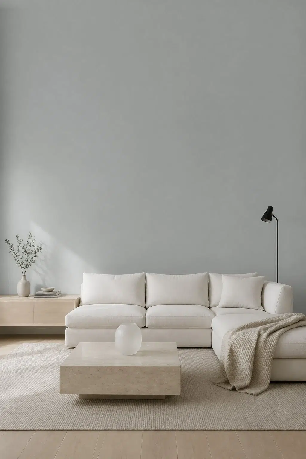 A minimalist living room painted in Breakwater