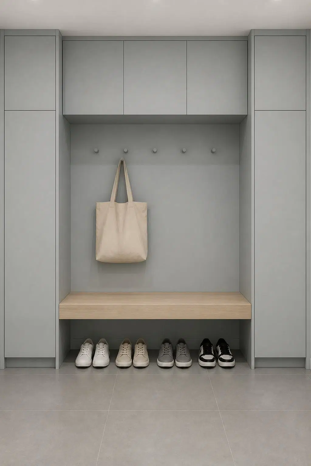 Breakwater paint in a neutral mudroom