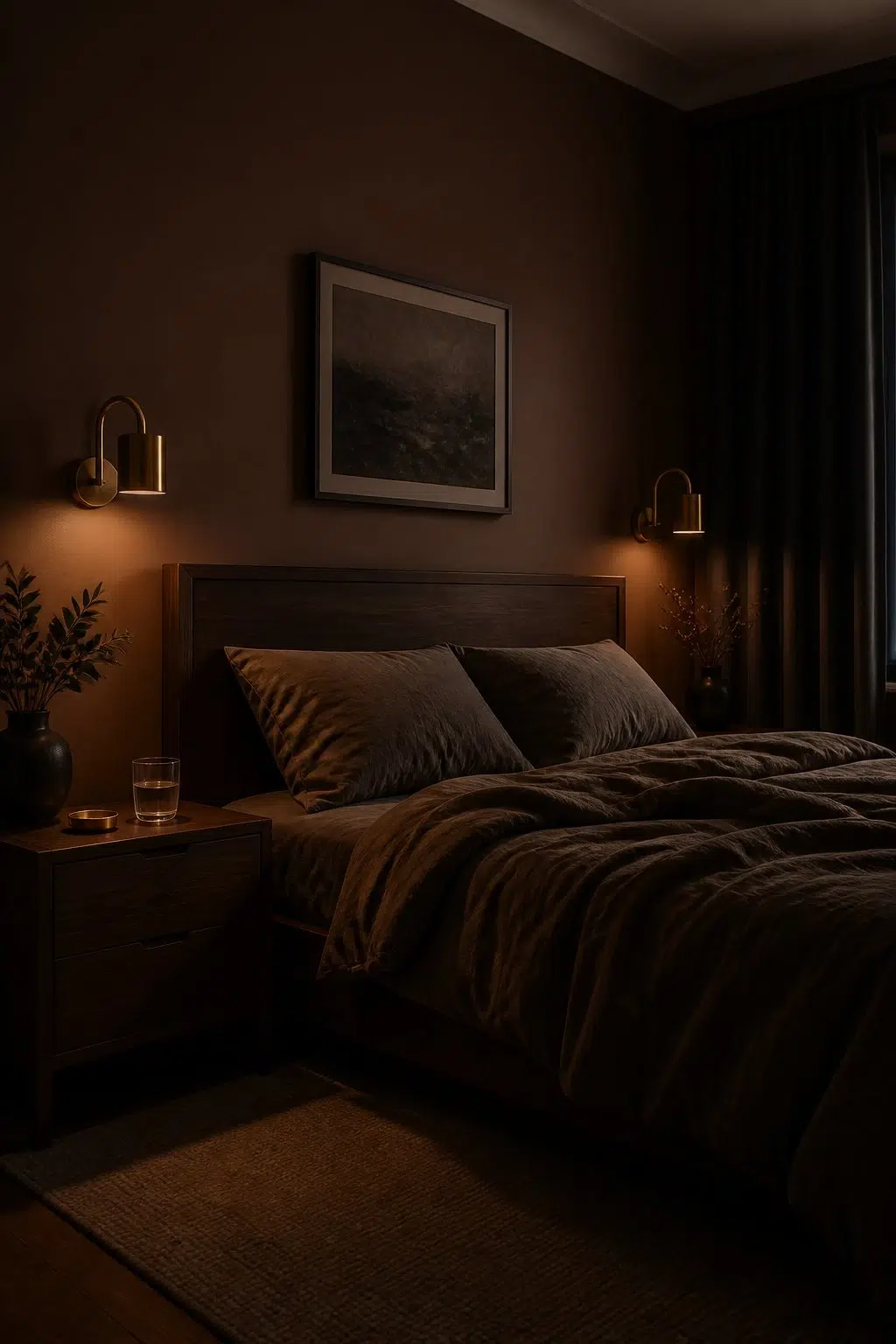 A moody bedroom painted in Brevity Brown