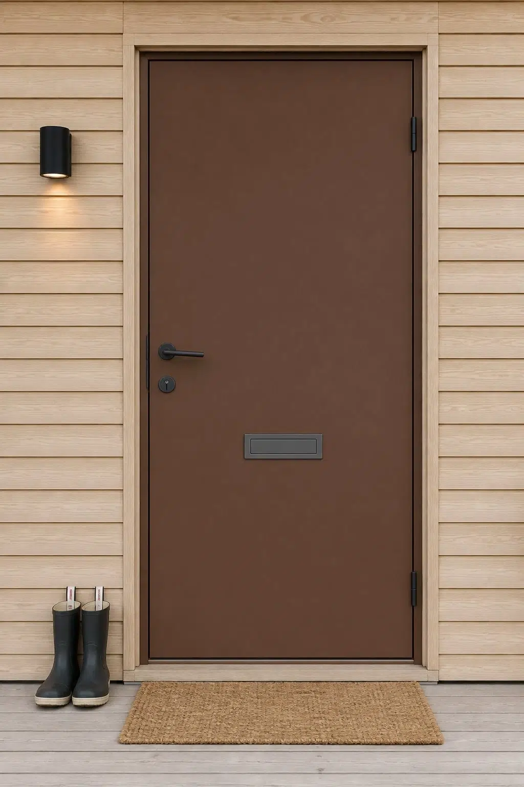 scandinavian front door featuring Brevity Brown by Sherwin-Williams