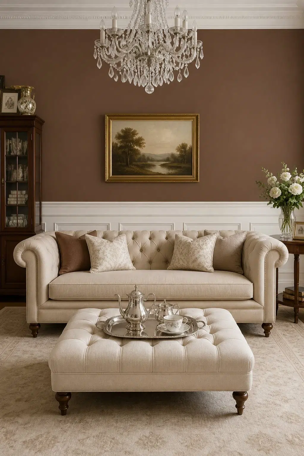 A elegant living room painted in Brevity Brown