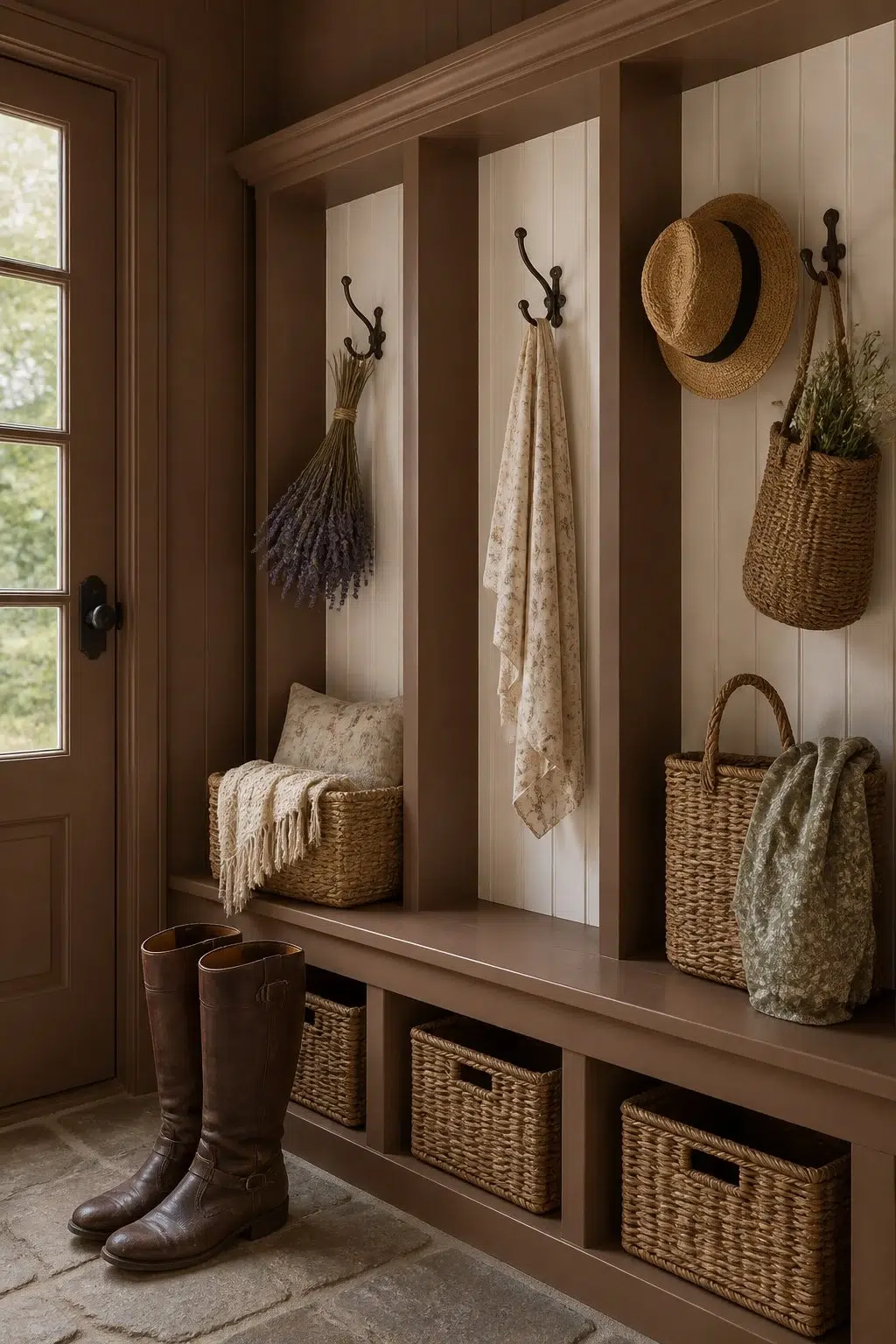Brevity Brown paint in a cottagecore mudroom