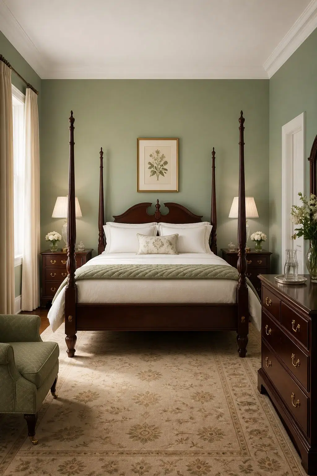 A traditional bedroom painted in Broccoflower
