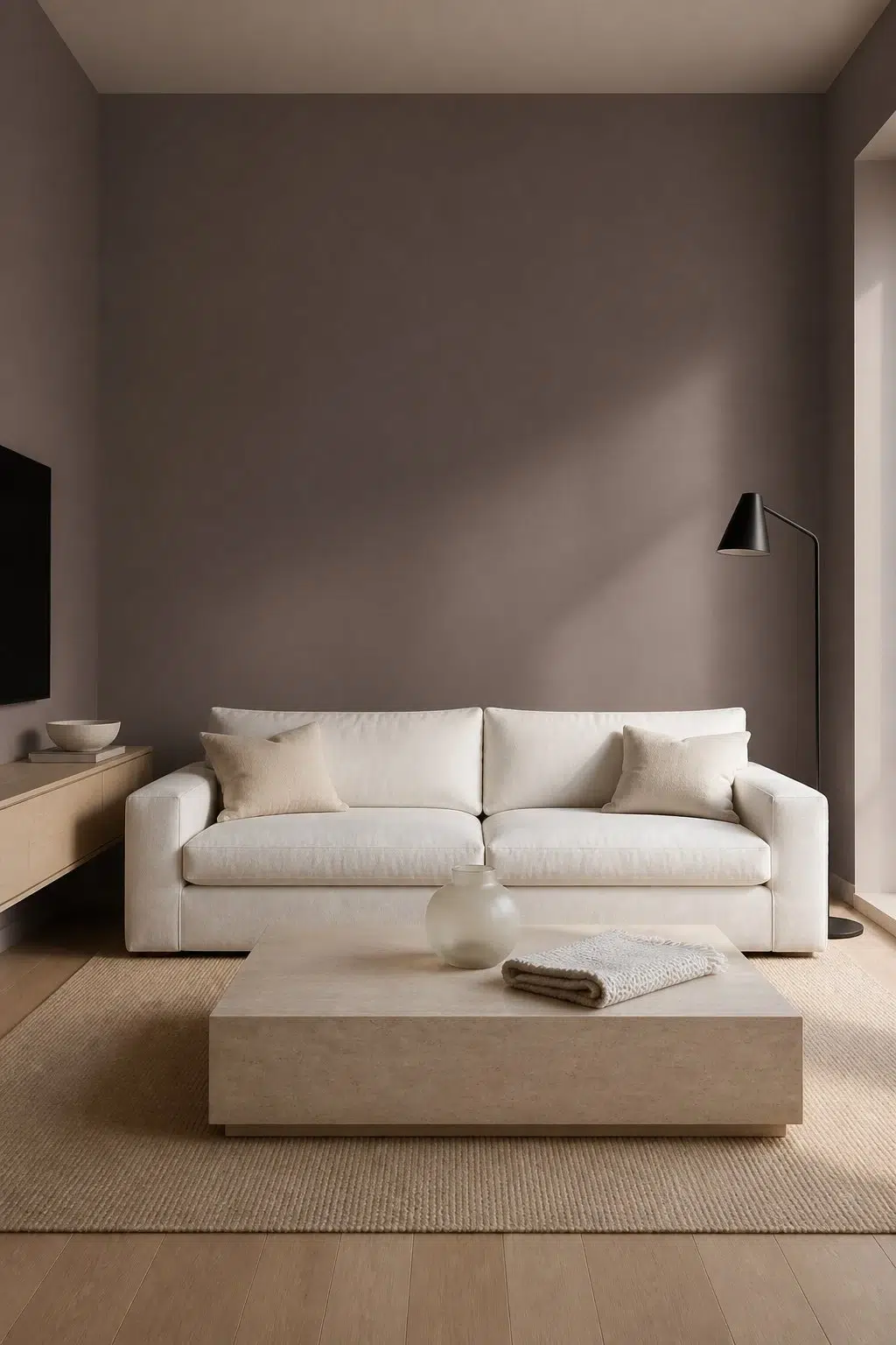 A minimalist living room painted in Browse Brown