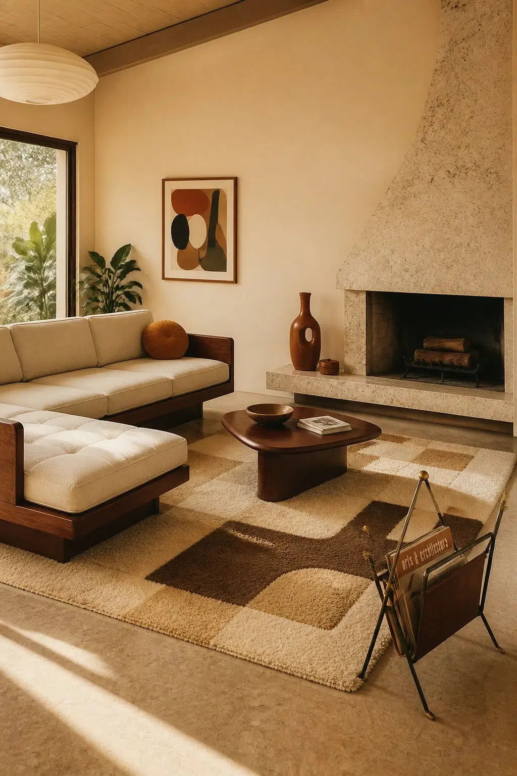 A mid century living room painted in Buff