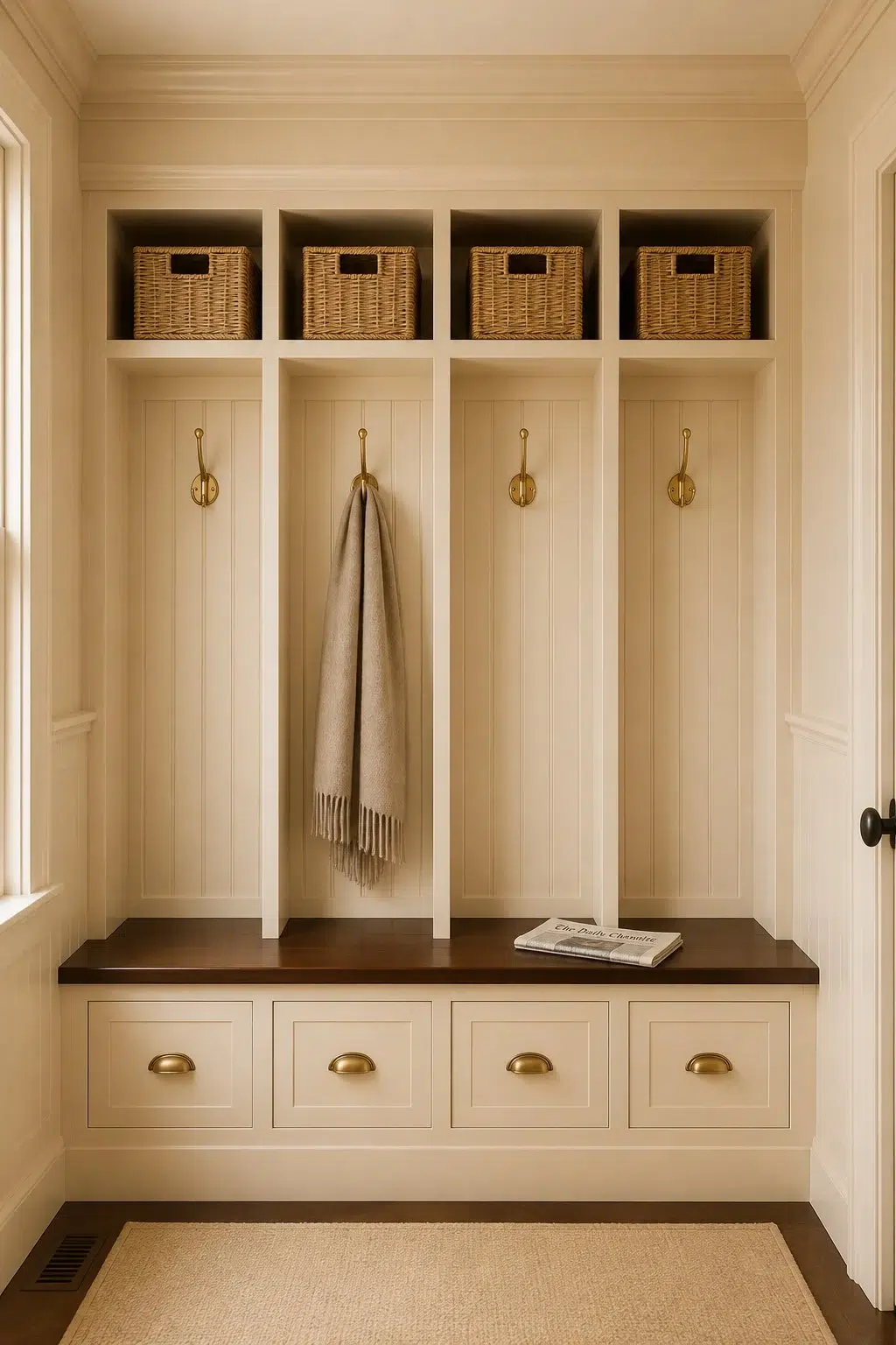 Buff paint in a traditional mudroom