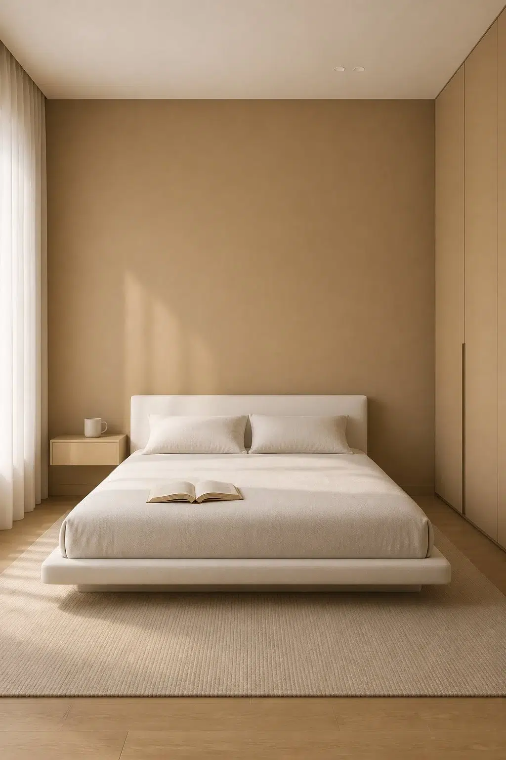 A minimalist bedroom painted in Burlap