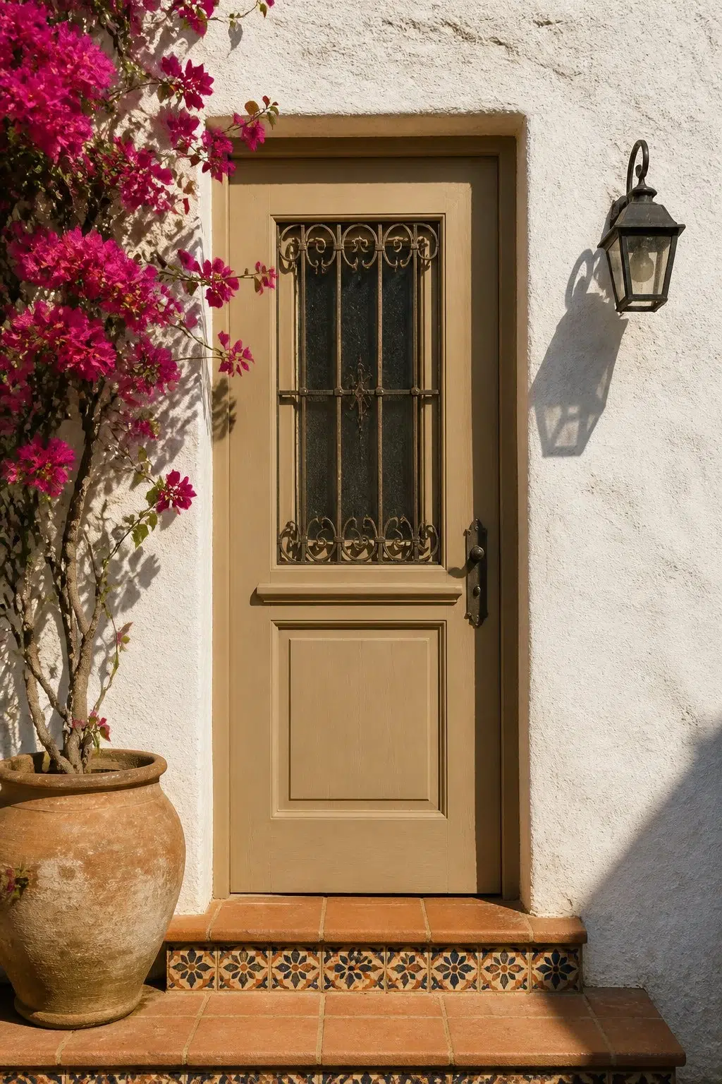 mediterranean front door featuring Burlap by Sherwin-Williams
