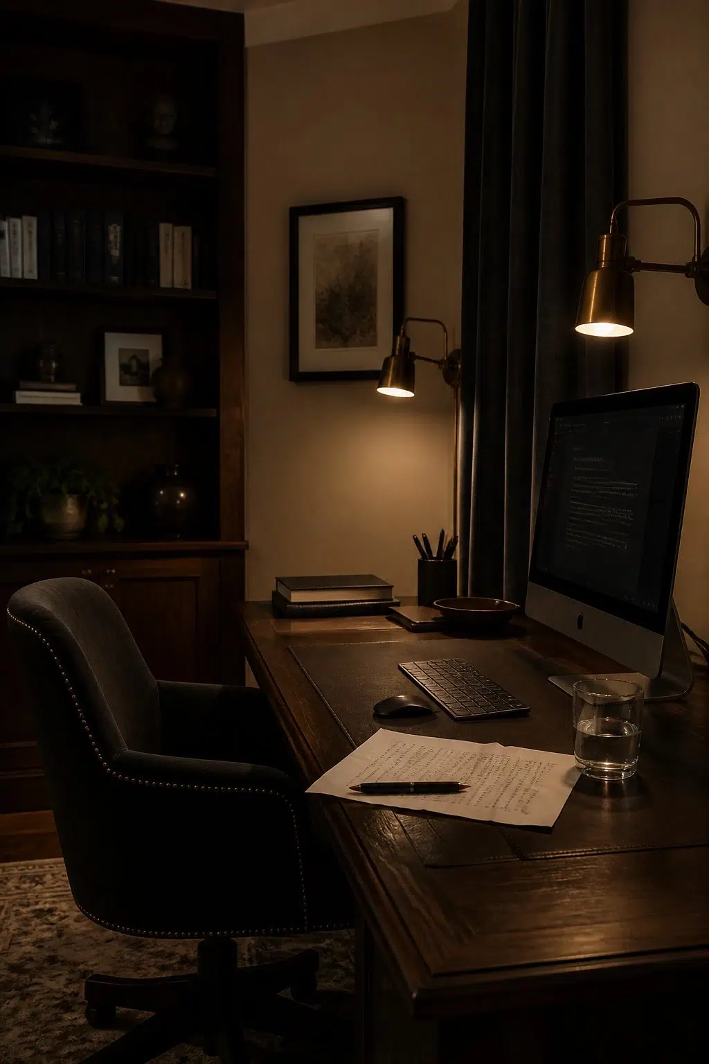 Sherwin-Williams Burlap in a moody home office