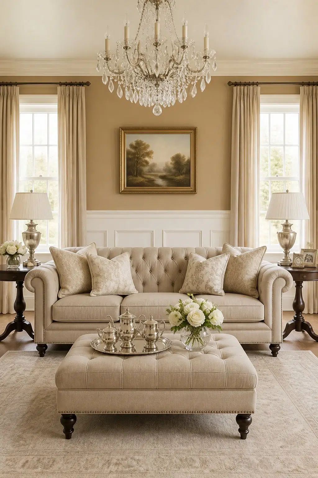 A elegant living room painted in Burlap