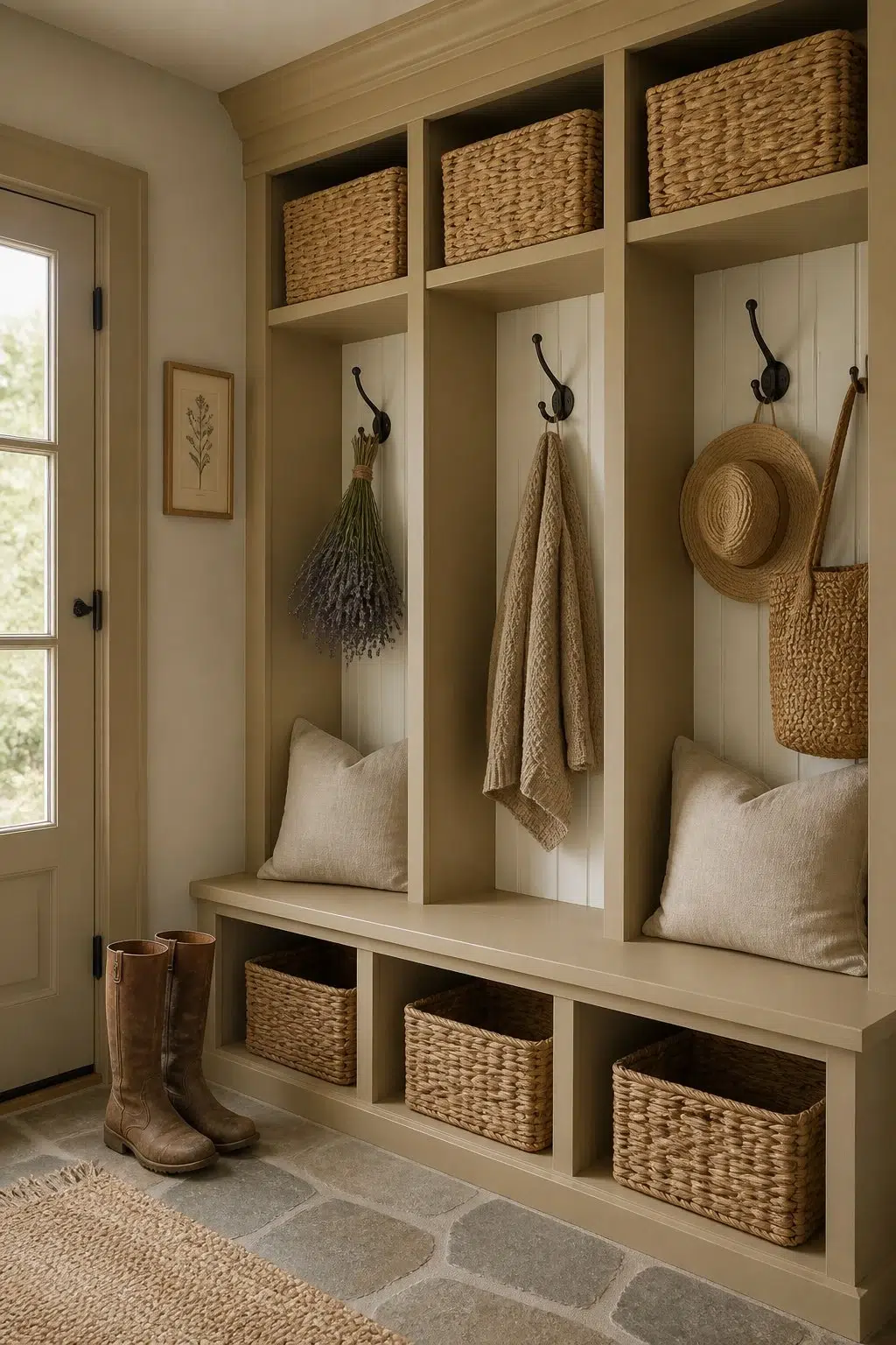 Burlap paint in a cottagecore mudroom
