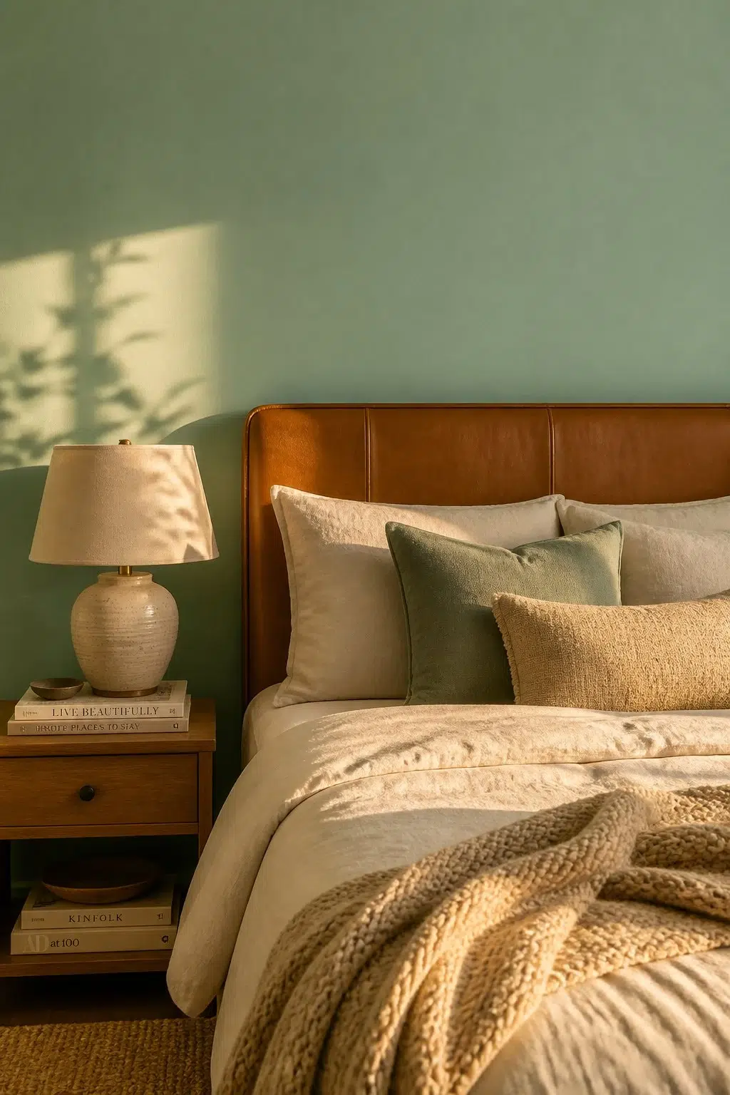 A cozy bedroom painted in Burma Jade