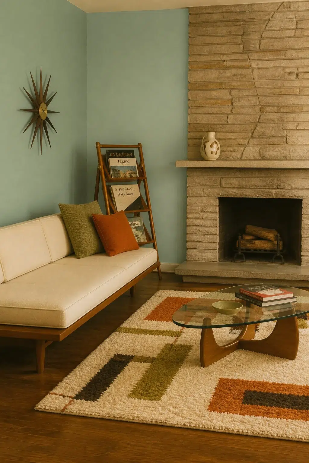 A mid century living room painted in Burma Jade