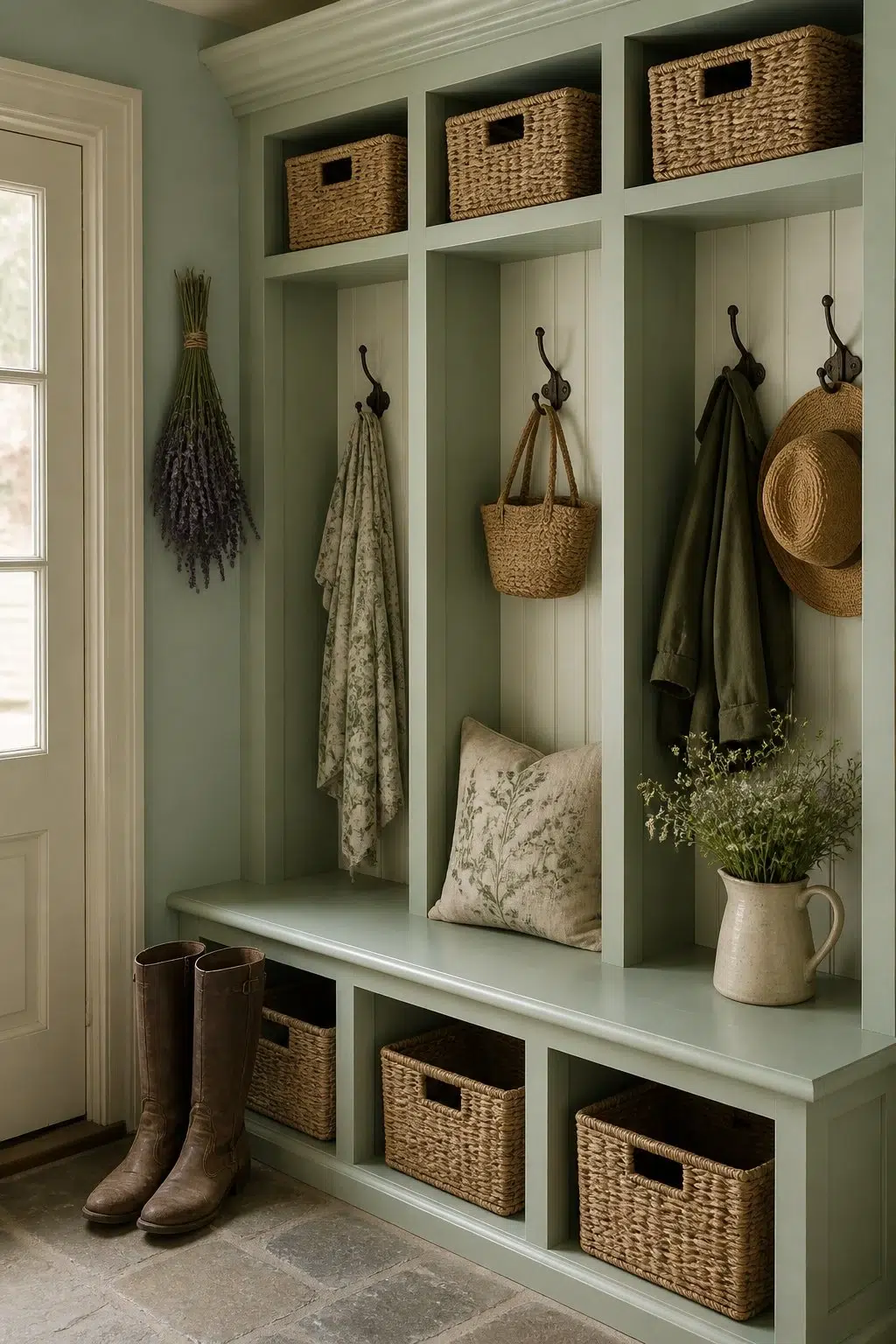 Burma Jade paint in a cottagecore mudroom