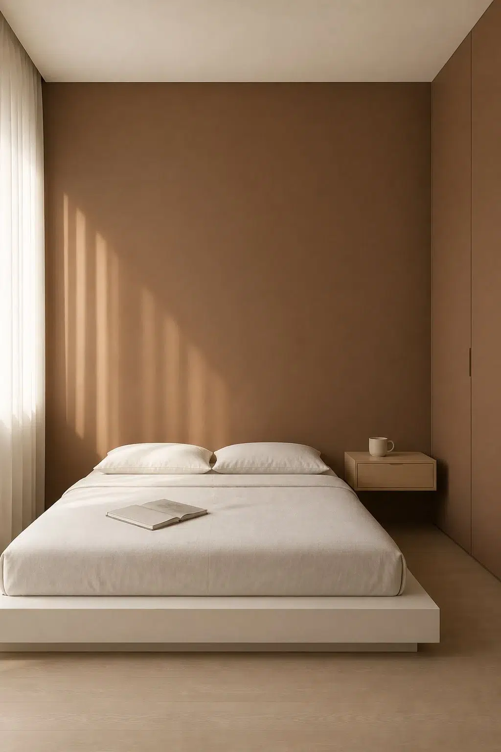 A minimalist bedroom painted in Burnished Brandy