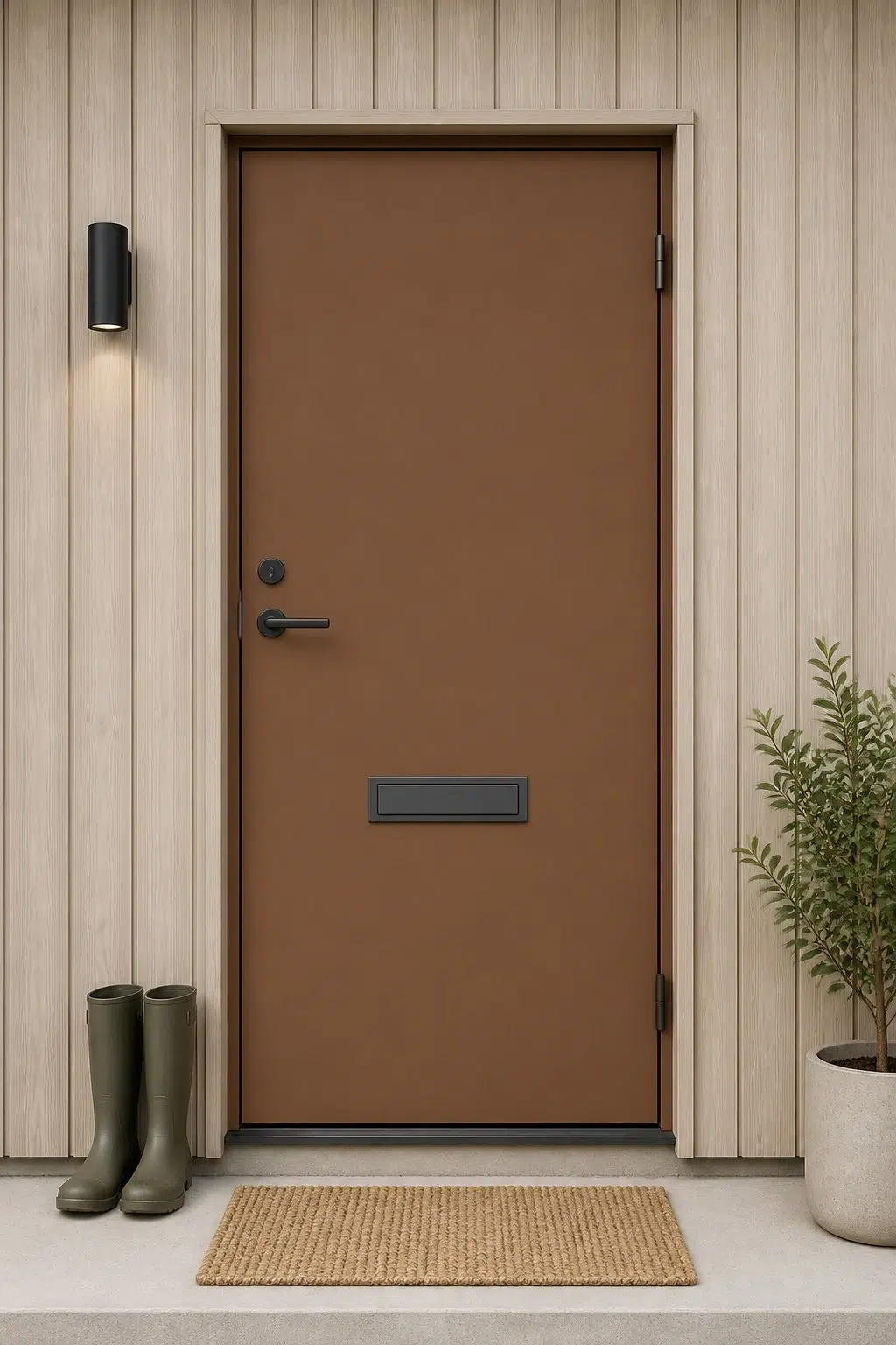 scandinavian front door featuring Burnished Brandy by Sherwin-Williams