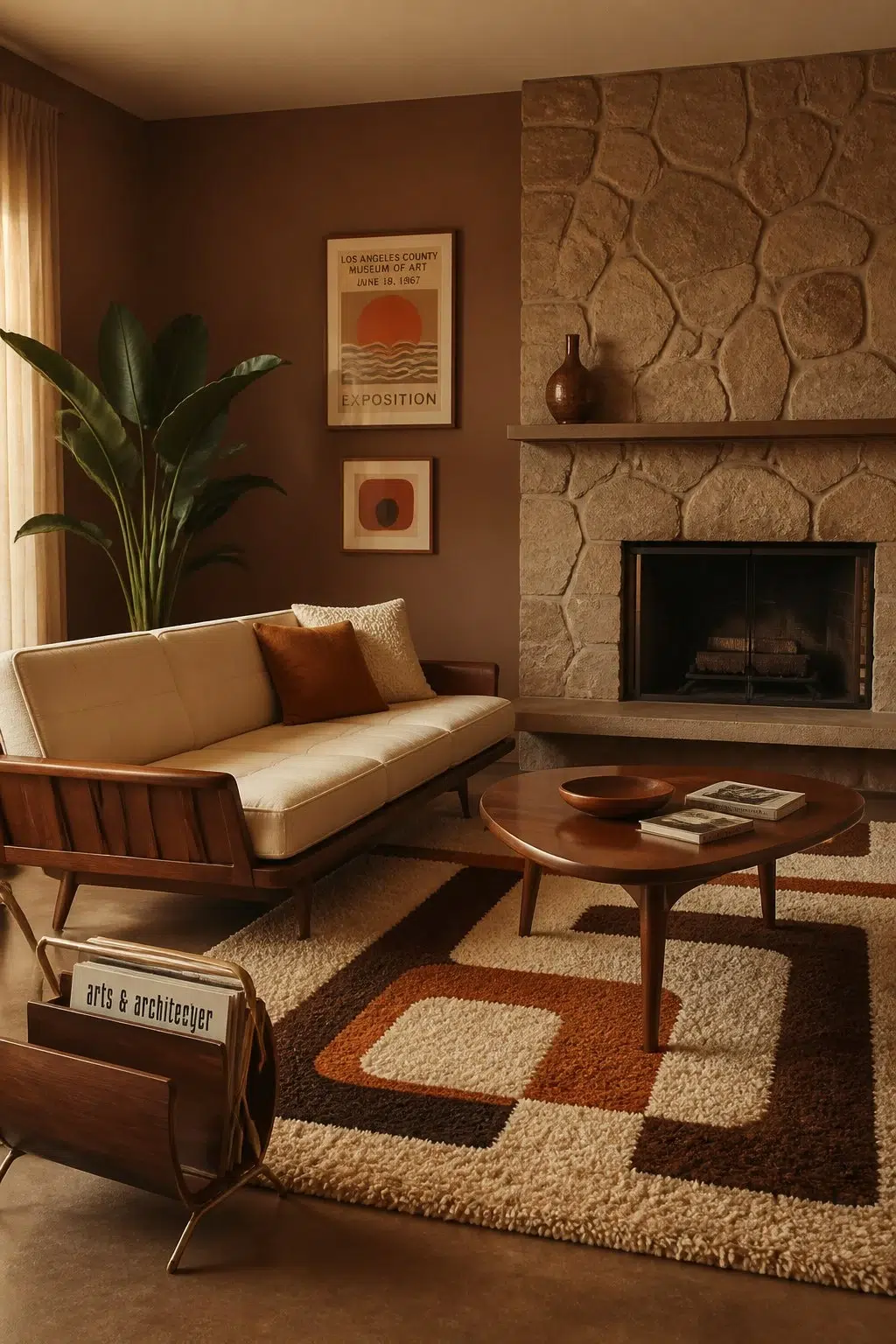 A mid century living room painted in Burnished Brandy