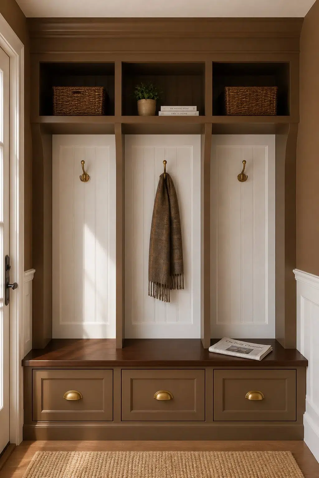 Burnished Brandy paint in a traditional mudroom