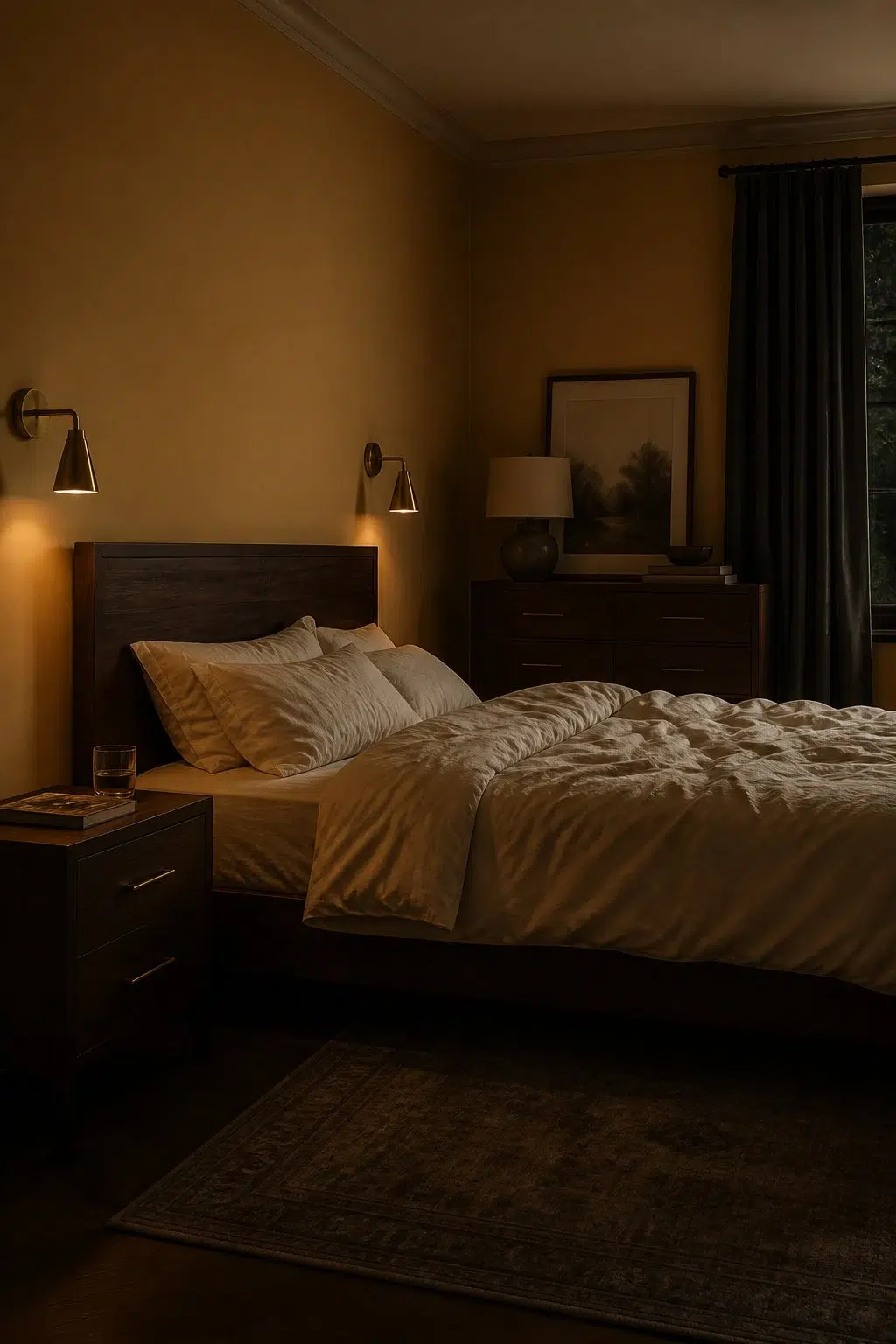 A moody bedroom painted in Butternut