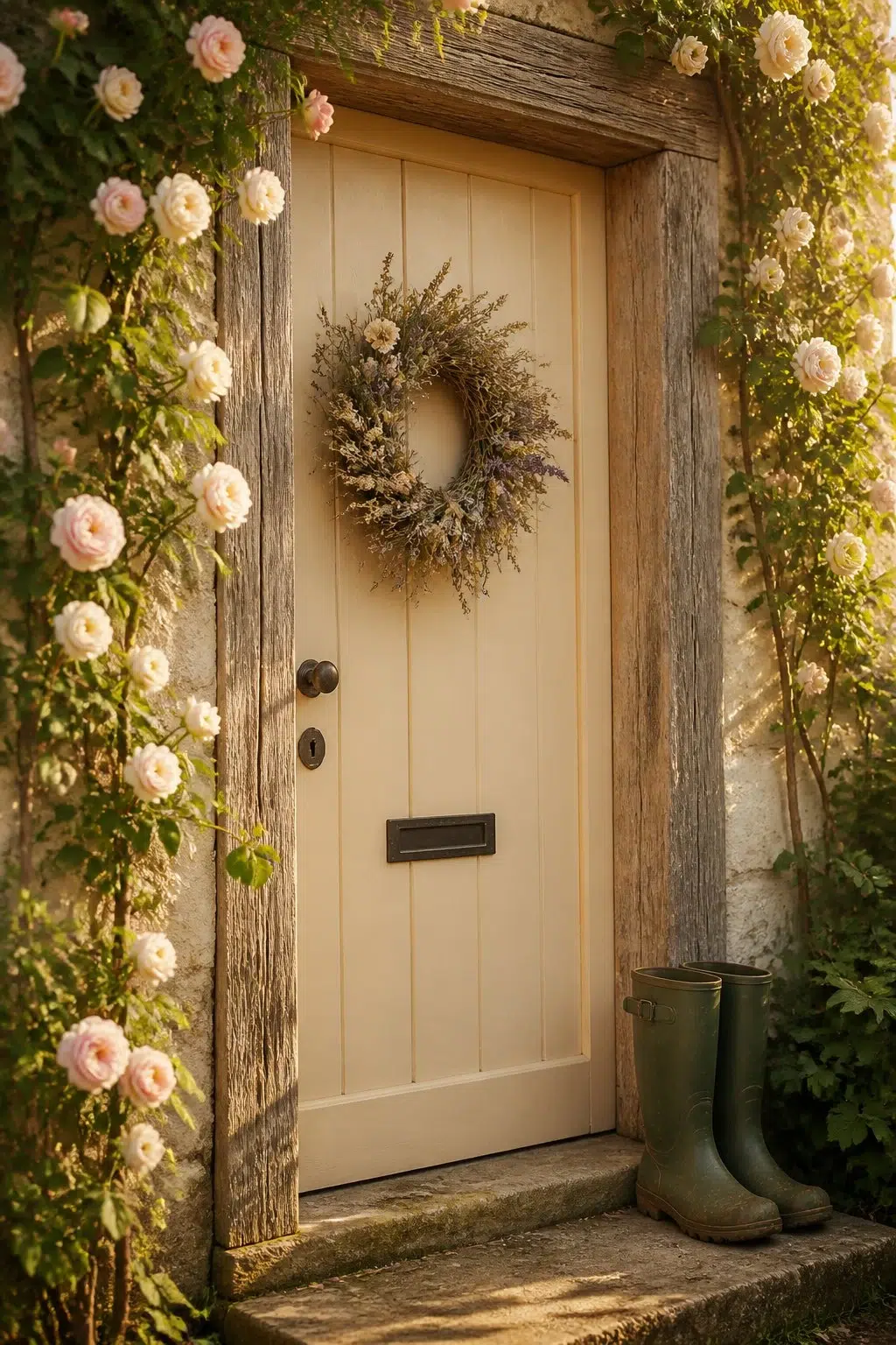 cottagecore front door featuring Cachet Cream by Sherwin-Williams