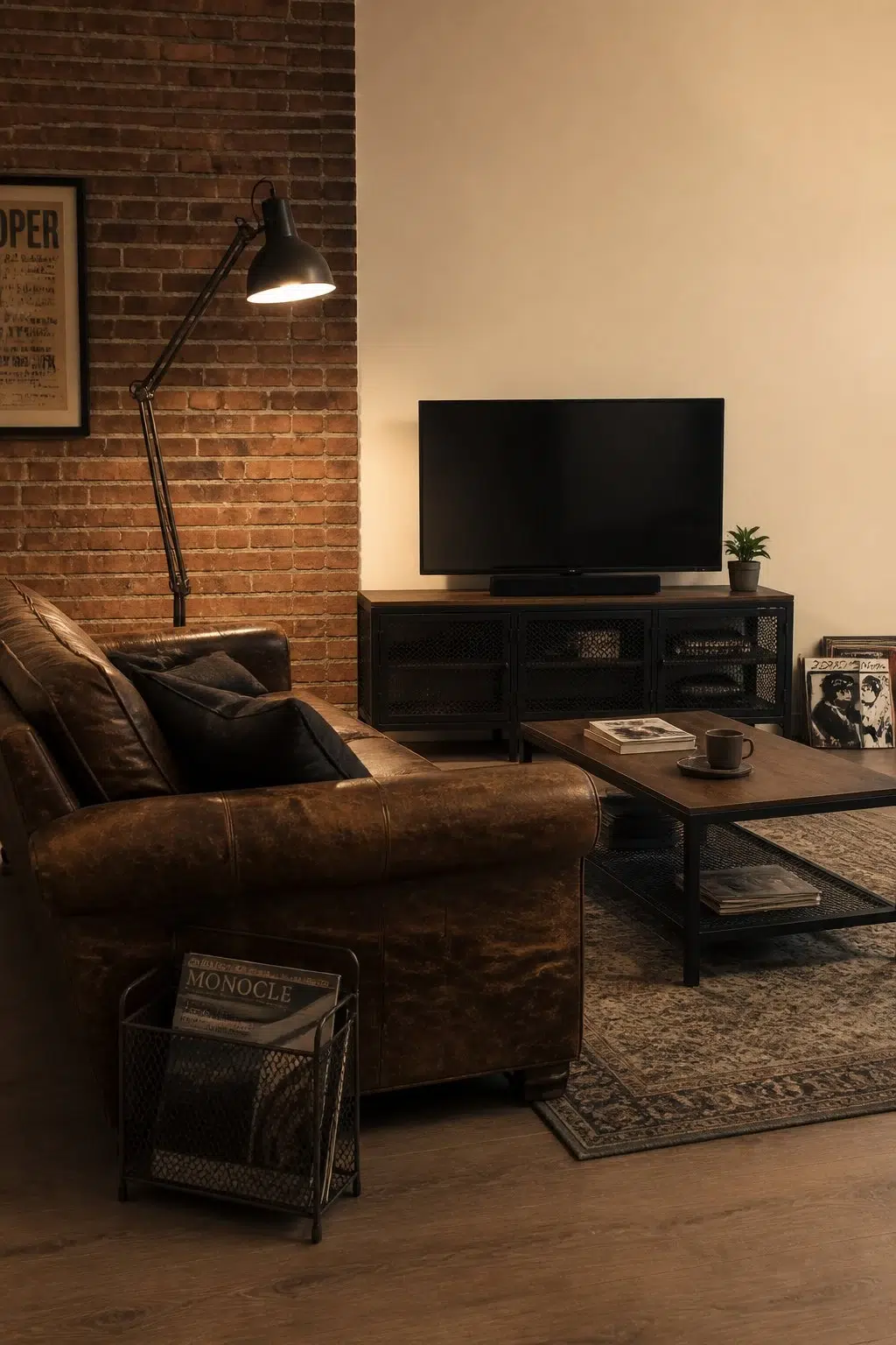 A industrial living room painted in Cachet Cream