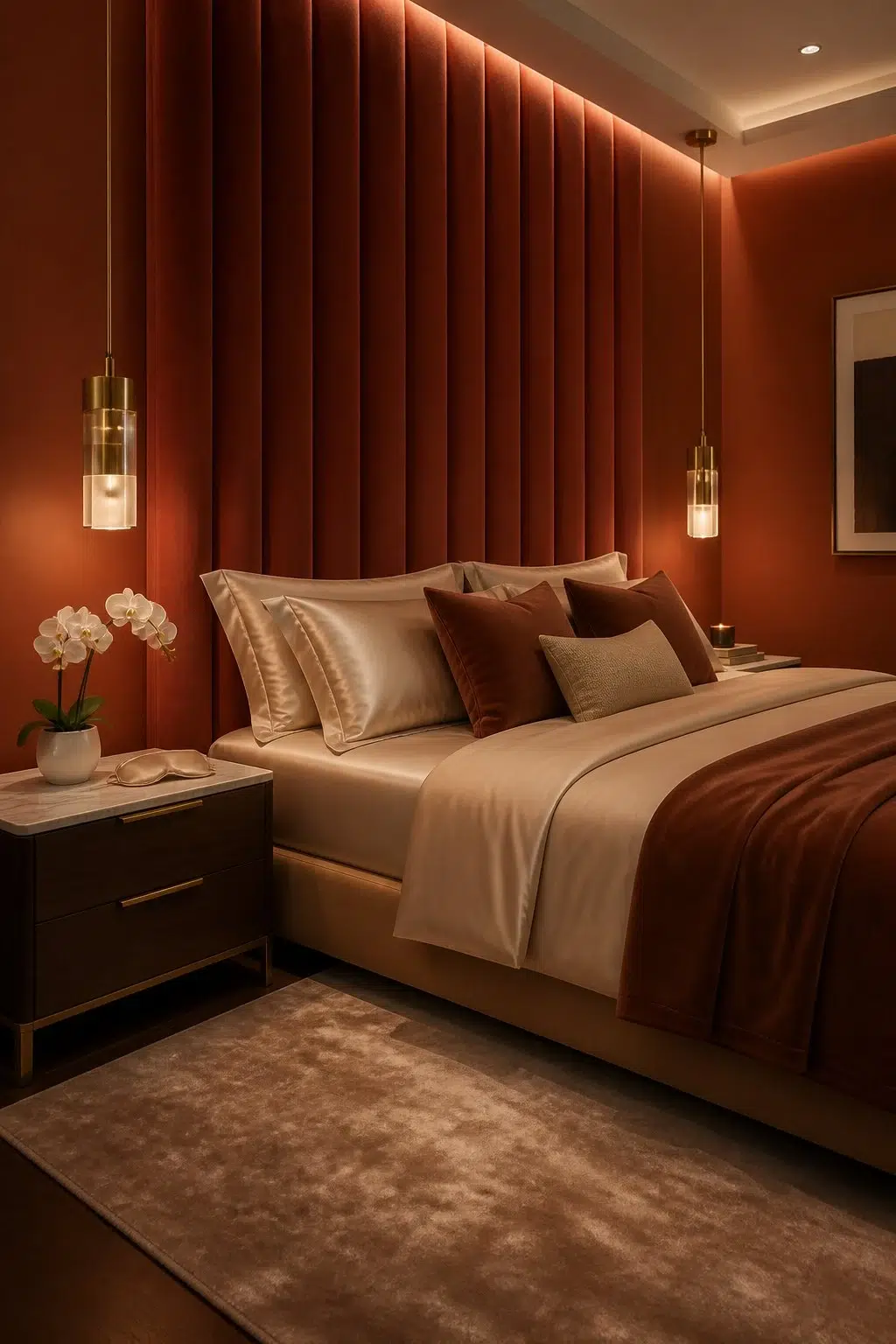 A modern luxury bedroom painted in Cajun Red