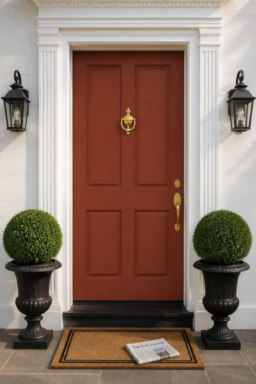 traditional front door featuring Cajun Red by Sherwin-Williams