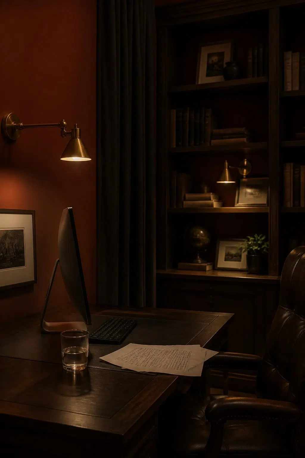 Sherwin-Williams Cajun Red in a moody home office