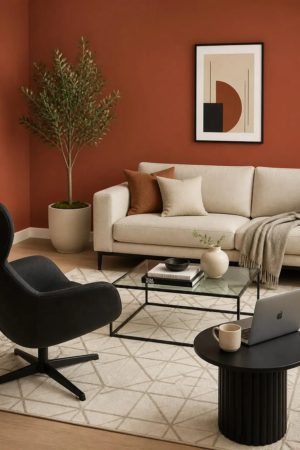 A contemporary living room painted in Cajun Red