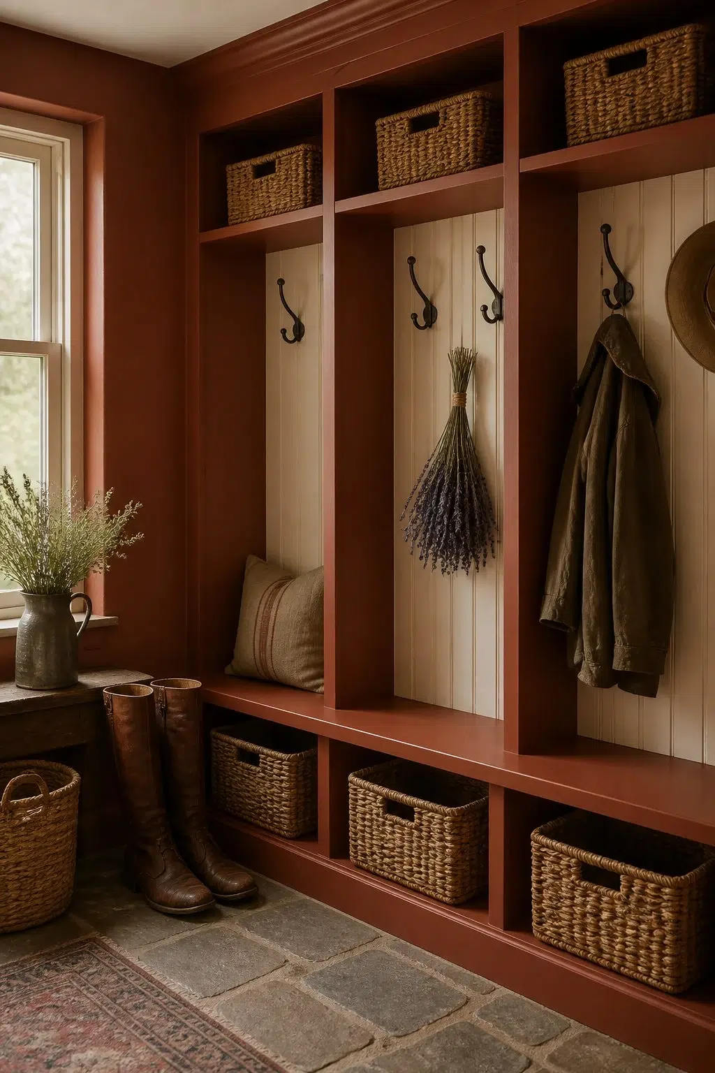 Cajun Red paint in a cottagecore mudroom