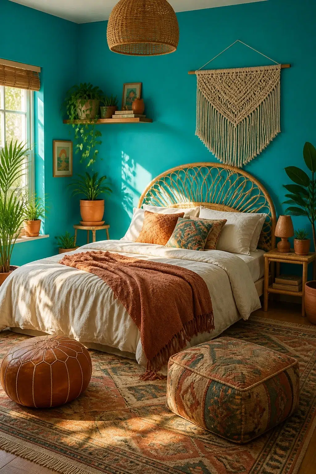 A boho bedroom painted in Calypso