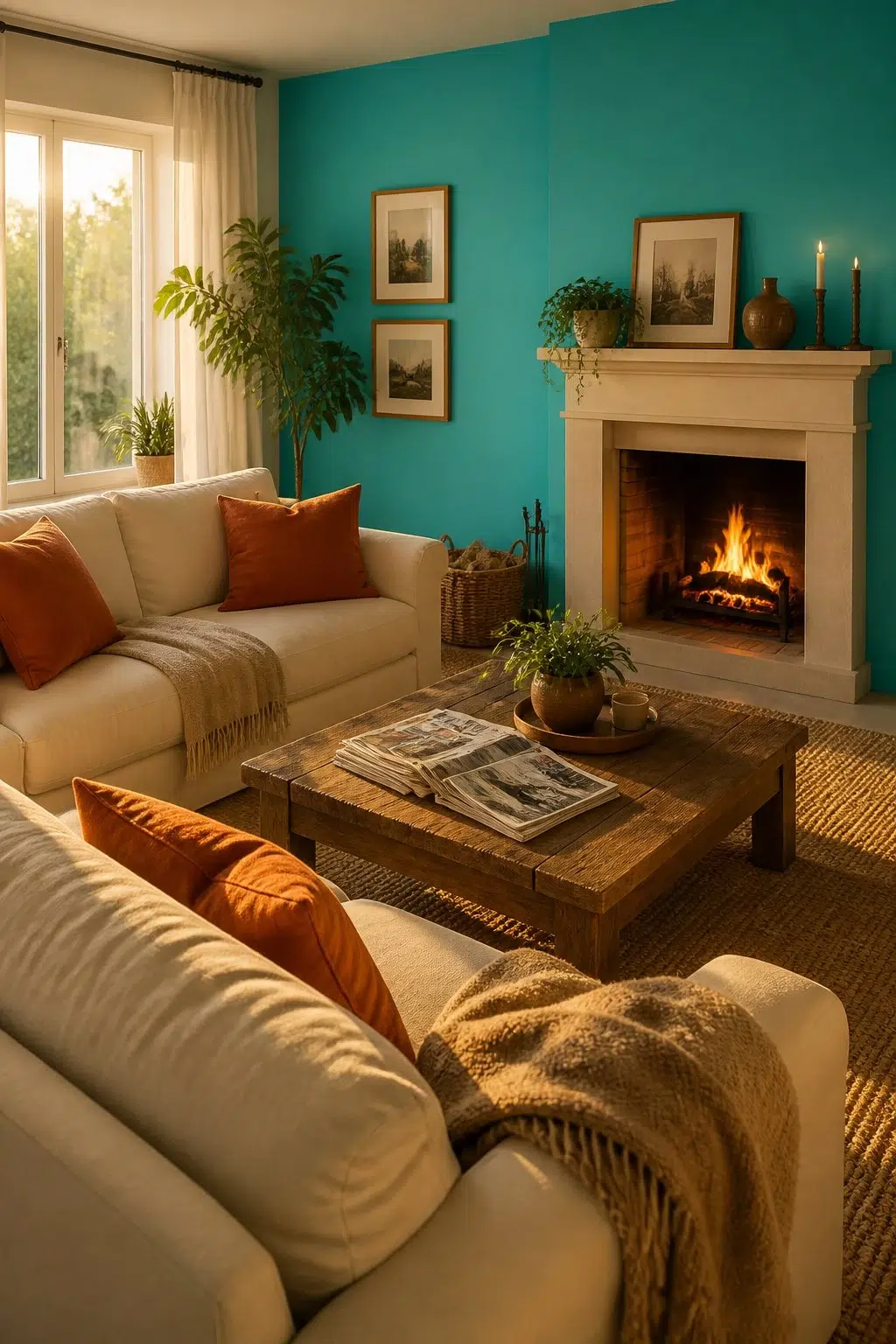 A cozy living room painted in Calypso