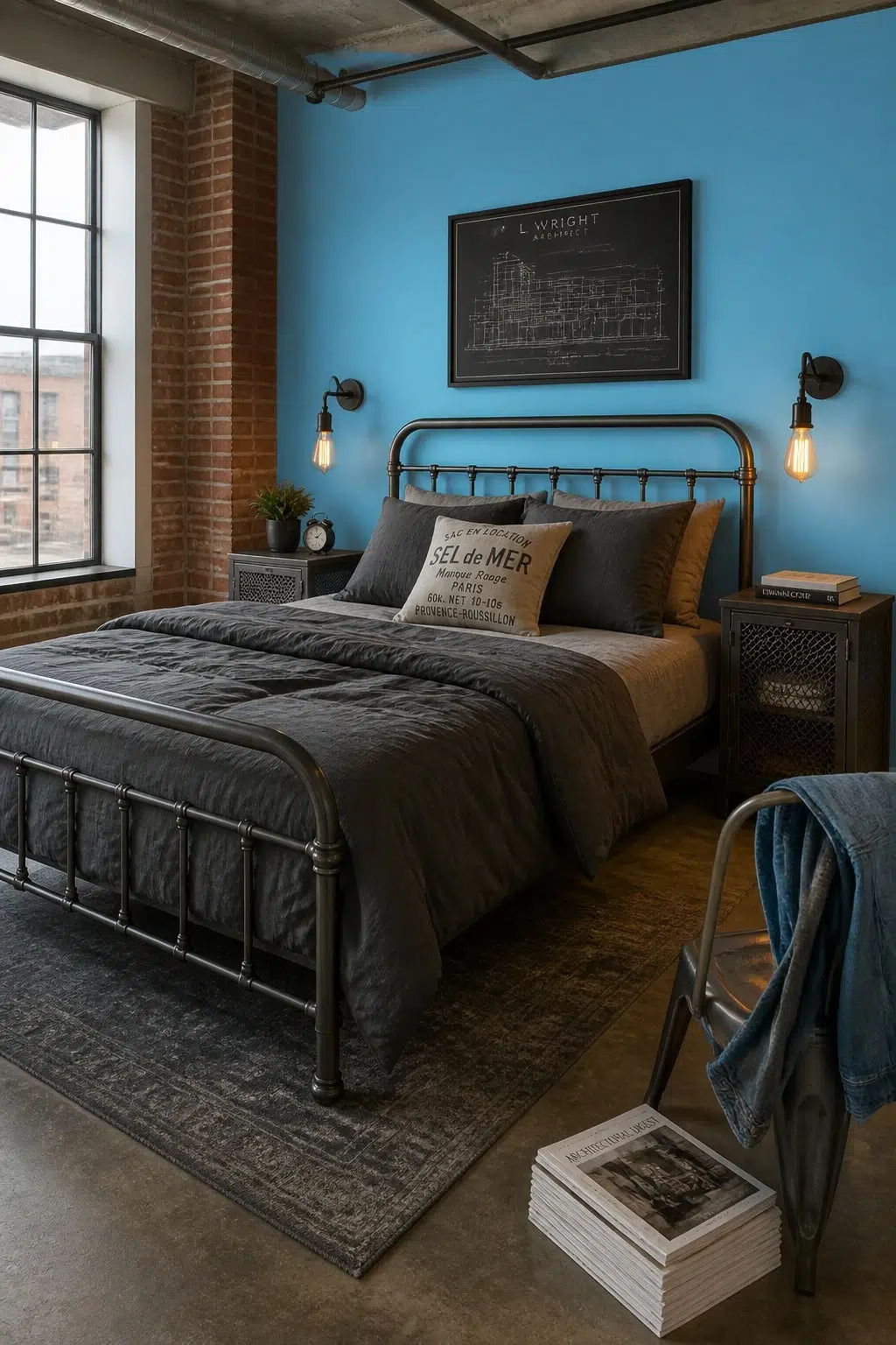 A industrial bedroom painted in Candid Blue