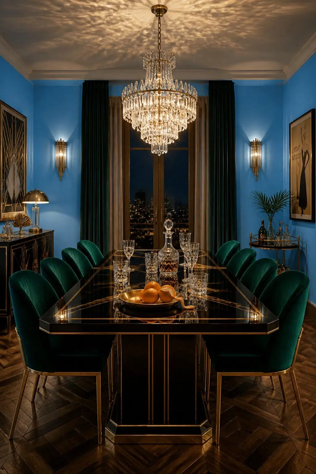 Candid Blue paint in a art deco dining room