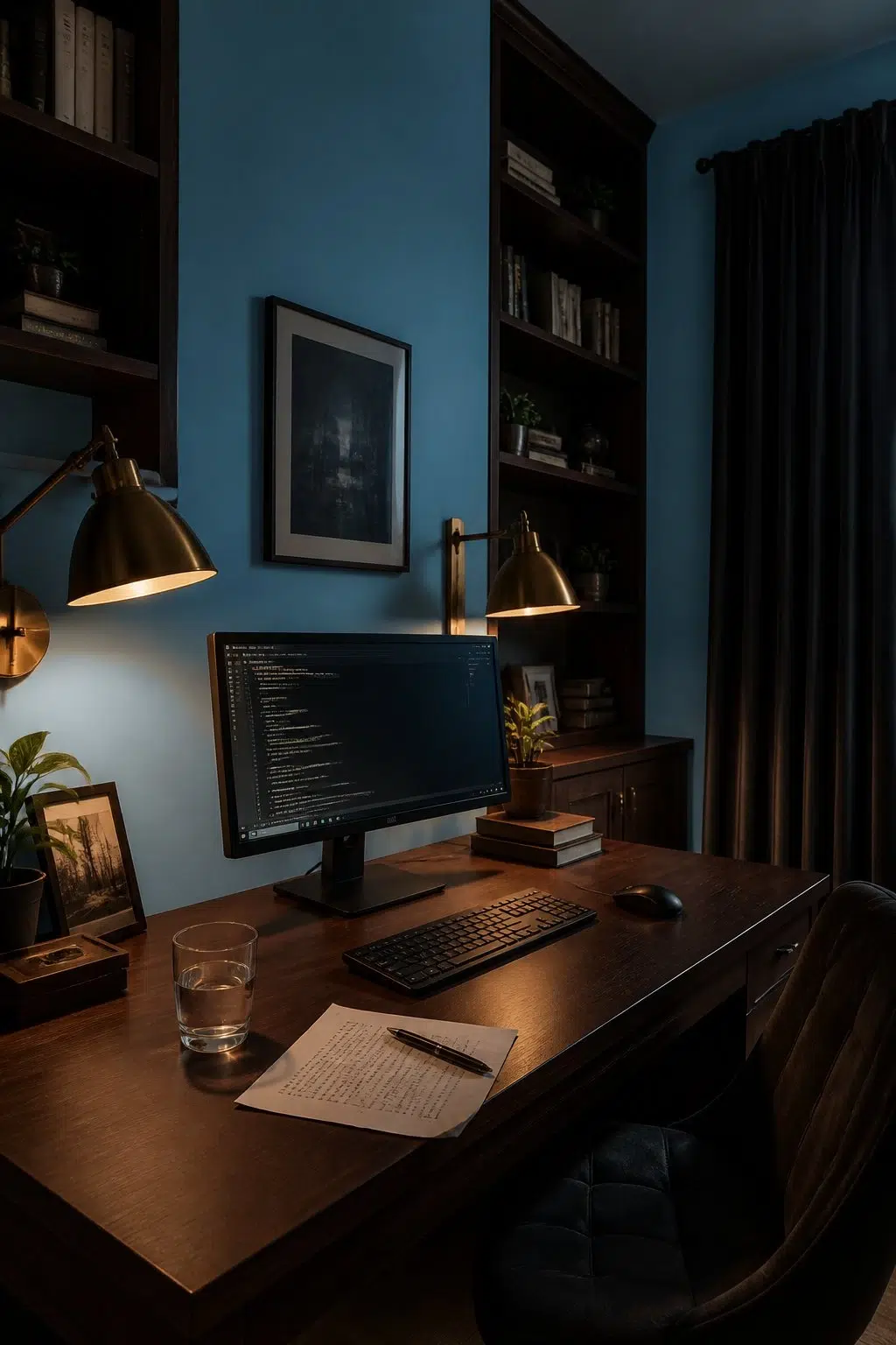 Sherwin-Williams Candid Blue in a moody home office