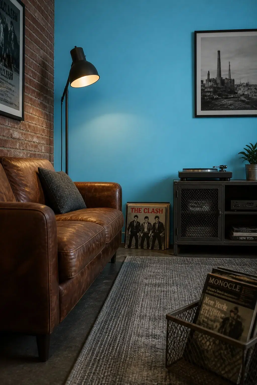 A industrial living room painted in Candid Blue