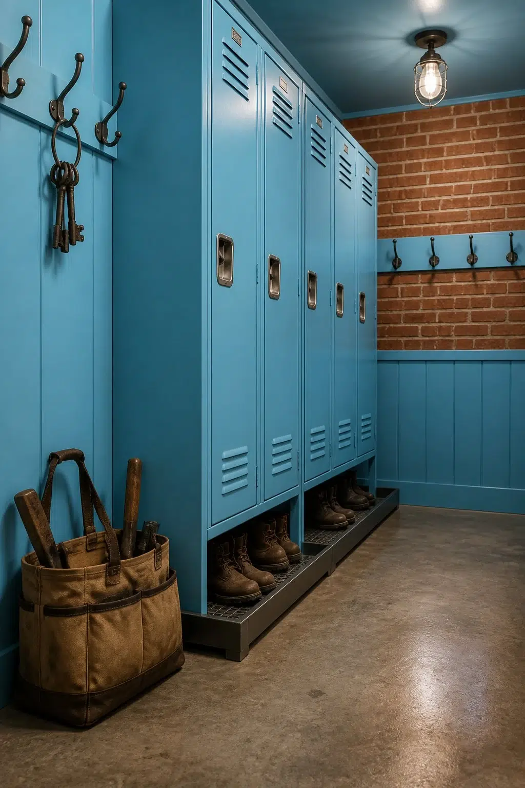 Candid Blue paint in a industrial mudroom