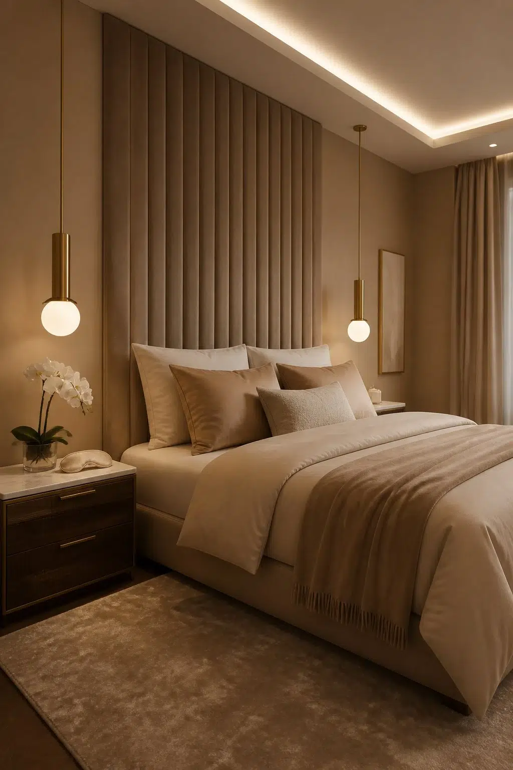 A modern luxury bedroom painted in Canoe