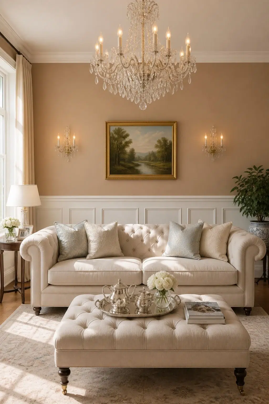 A elegant living room painted in Canoe