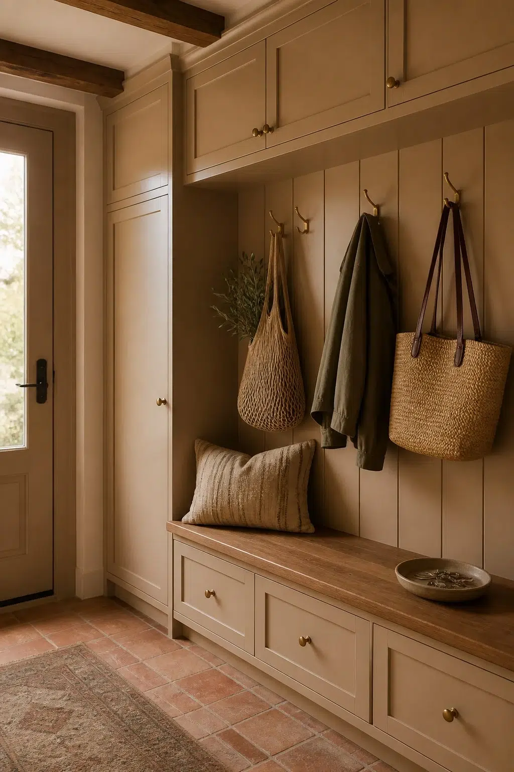 Canoe paint in a earthy mudroom